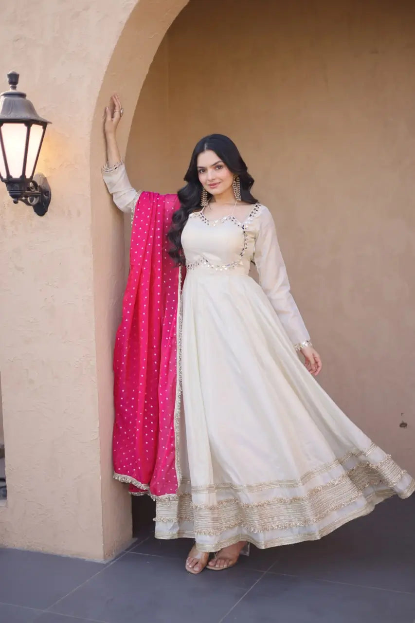 Designer Mirror Work Anarkali with Contrast Dupatta for and Wedding Occasions