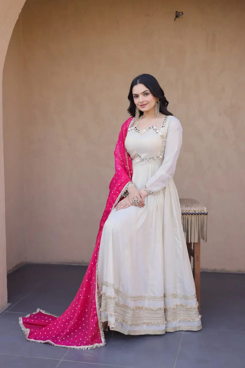 Designer Mirror Work Anarkali with Contrast Dupatta for and Wedding Occasions