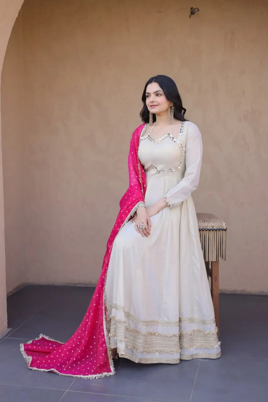 Designer Mirror Work Anarkali with Contrast Dupatta for and Wedding Occasions