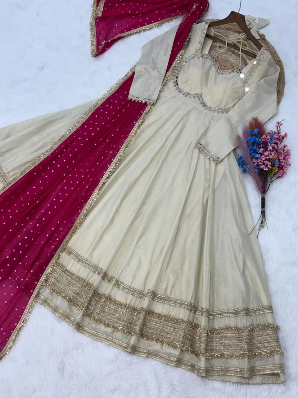 Designer Mirror Work Anarkali with Contrast Dupatta for and Wedding Occasions