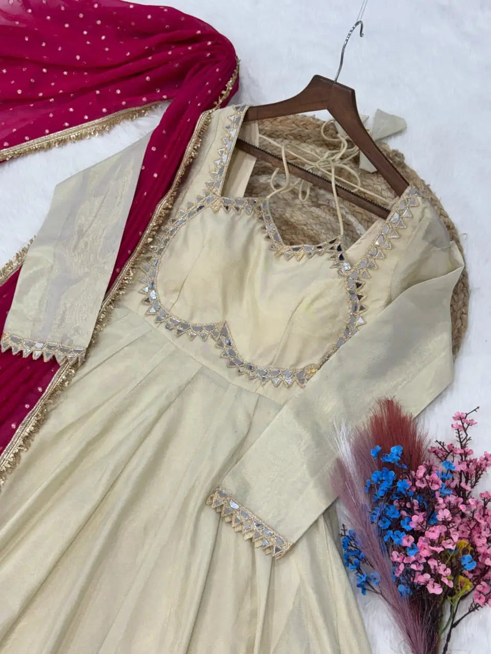 Designer Mirror Work Anarkali with Contrast Dupatta for and Wedding Occasions