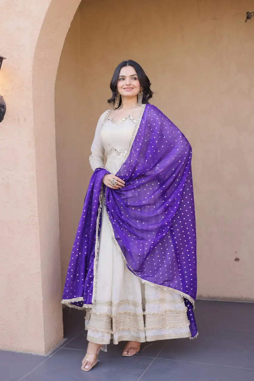 Designer Mirror Work Anarkali with Contrast Dupatta for and Wedding Occasions