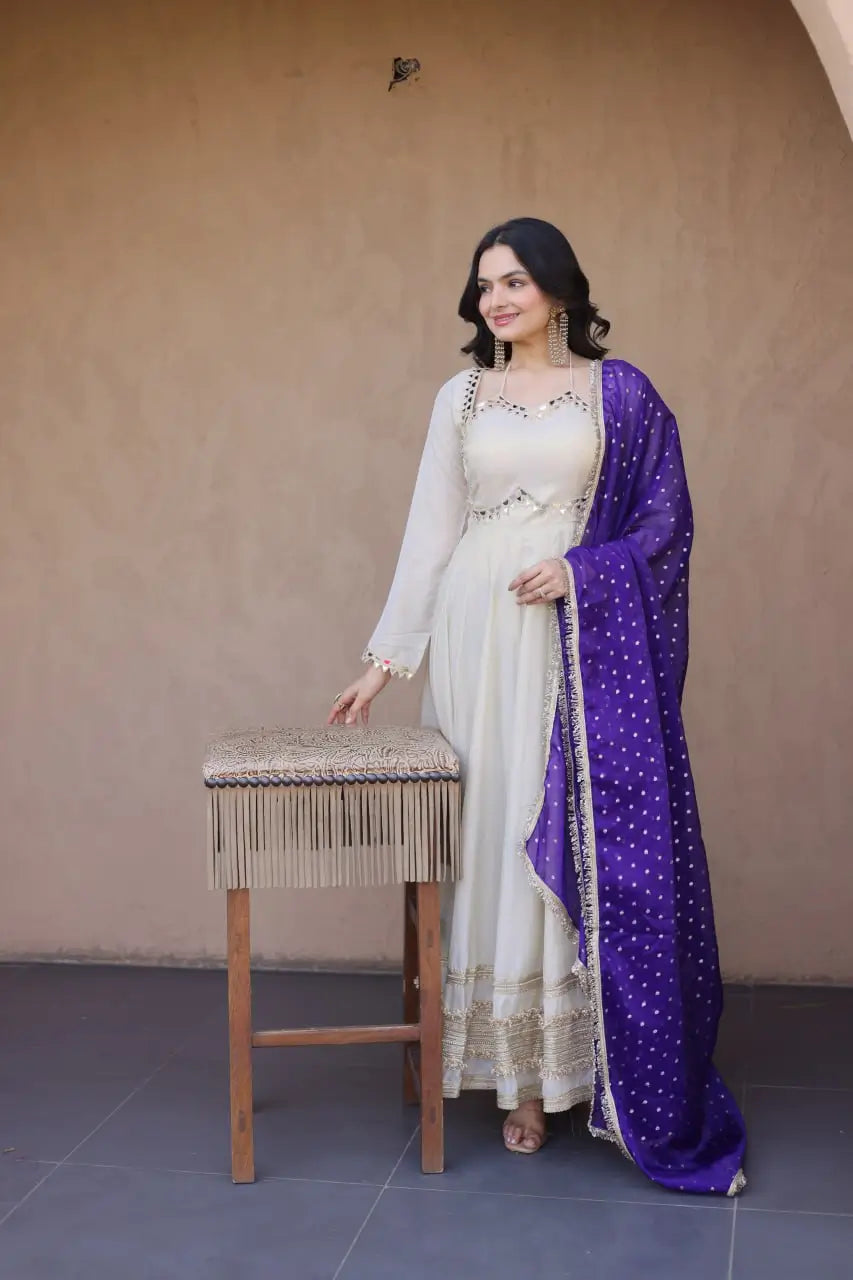 Designer Mirror Work Anarkali with Contrast Dupatta for and Wedding Occasions