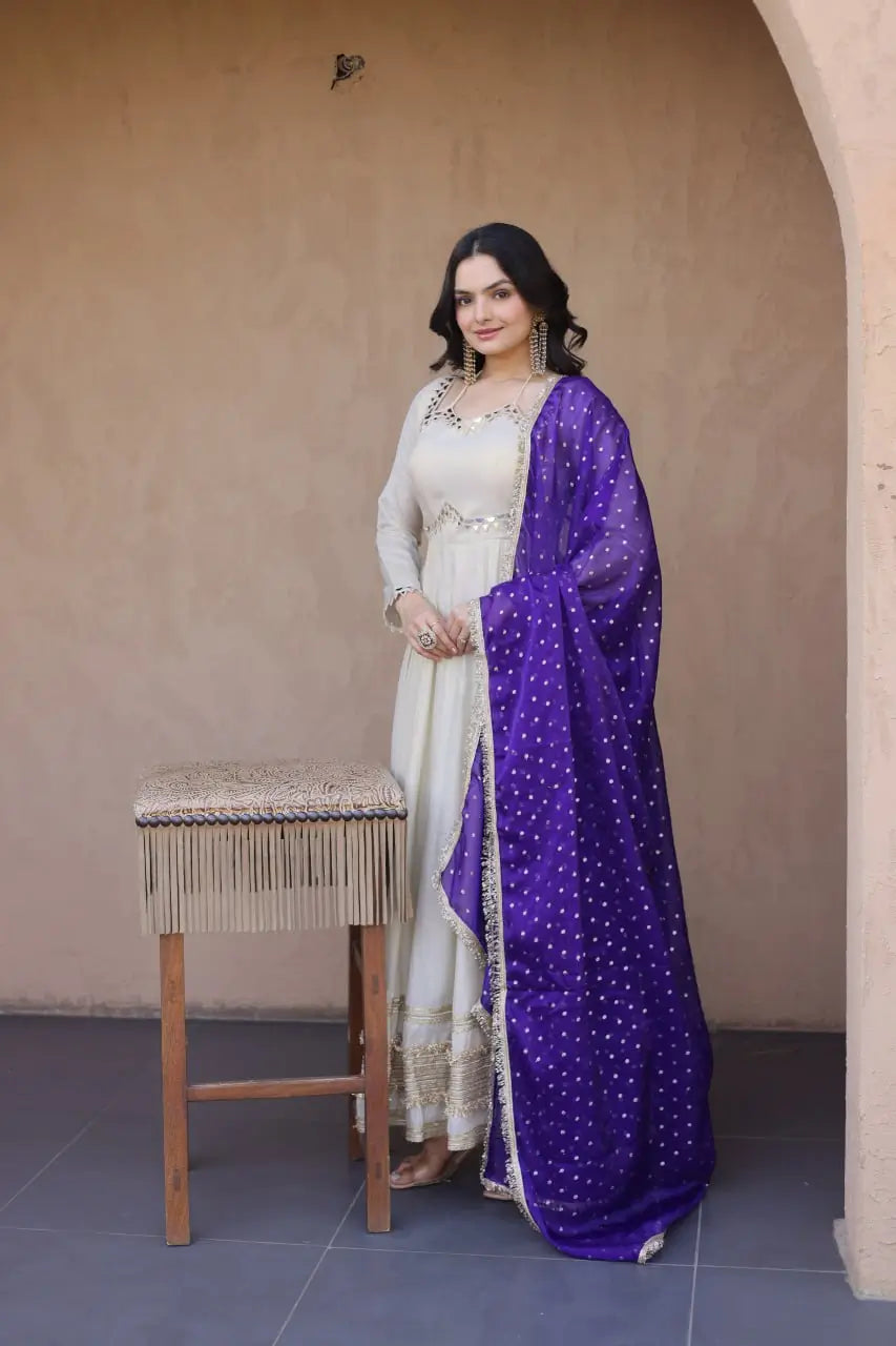 Designer Mirror Work Anarkali with Contrast Dupatta for and Wedding Occasions