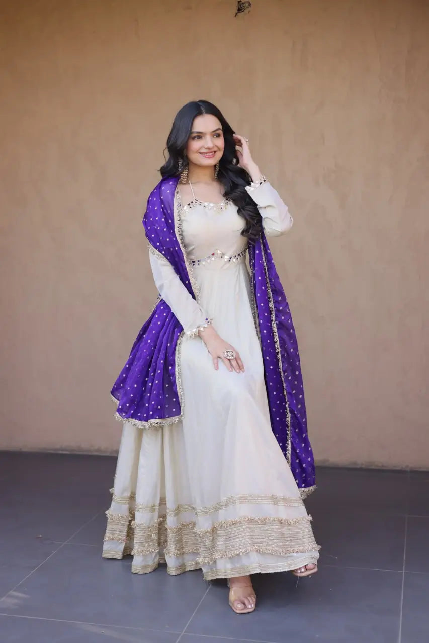 Designer Mirror Work Anarkali with Contrast Dupatta for and Wedding Occasions