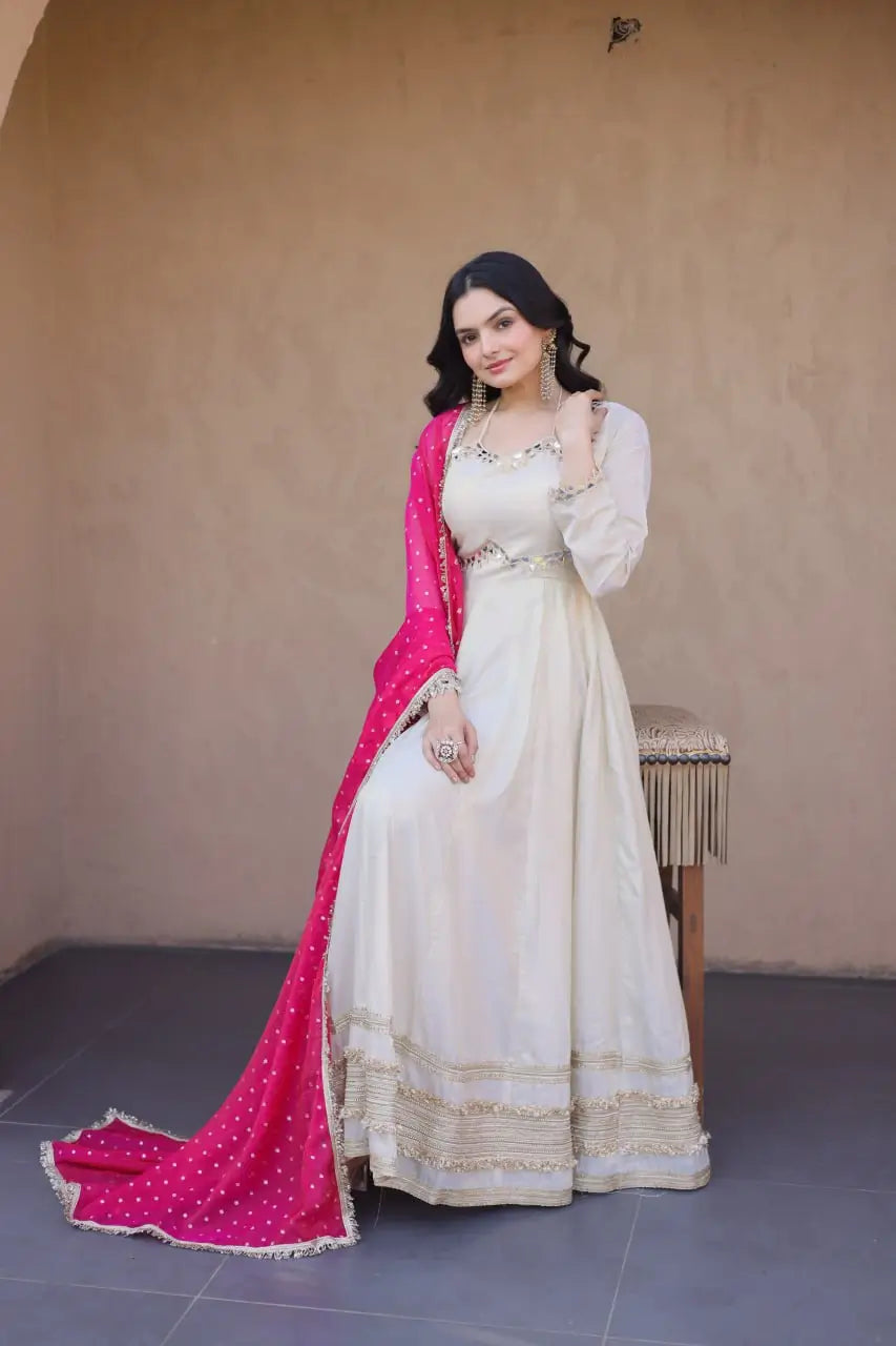 Designer Mirror Work Anarkali with Contrast Dupatta for and Wedding Occasions