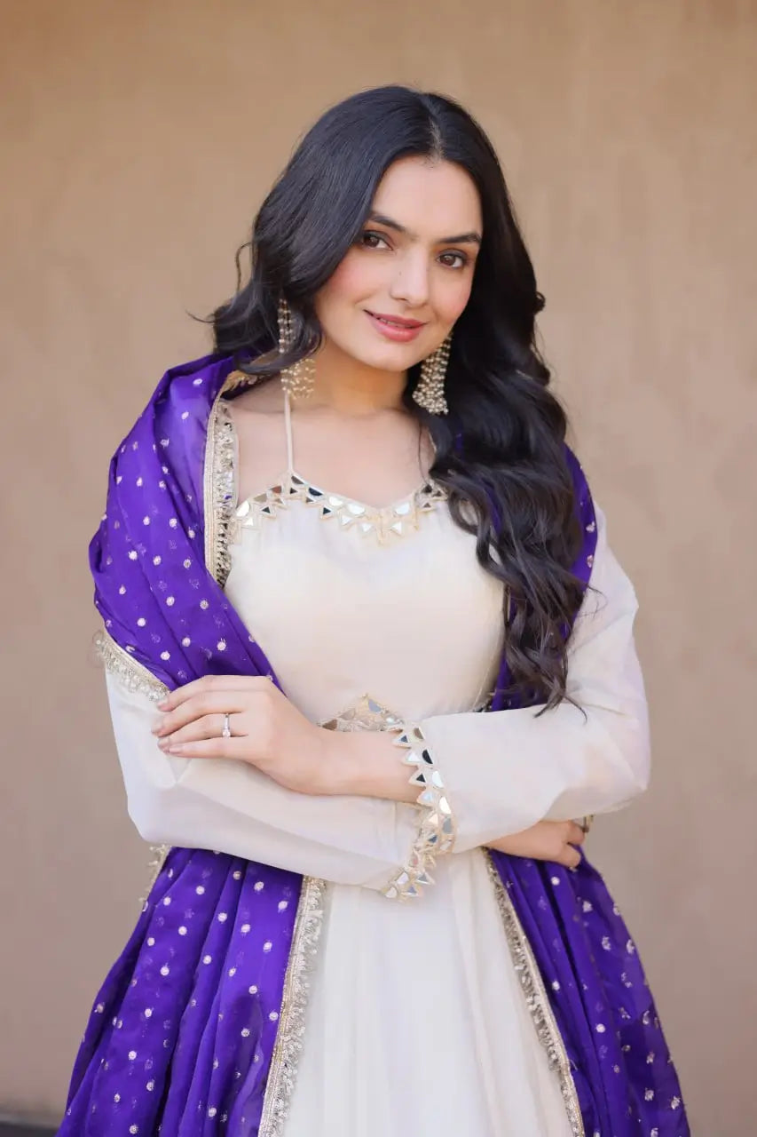Designer Mirror Work Anarkali with Contrast Dupatta for and Wedding Occasions