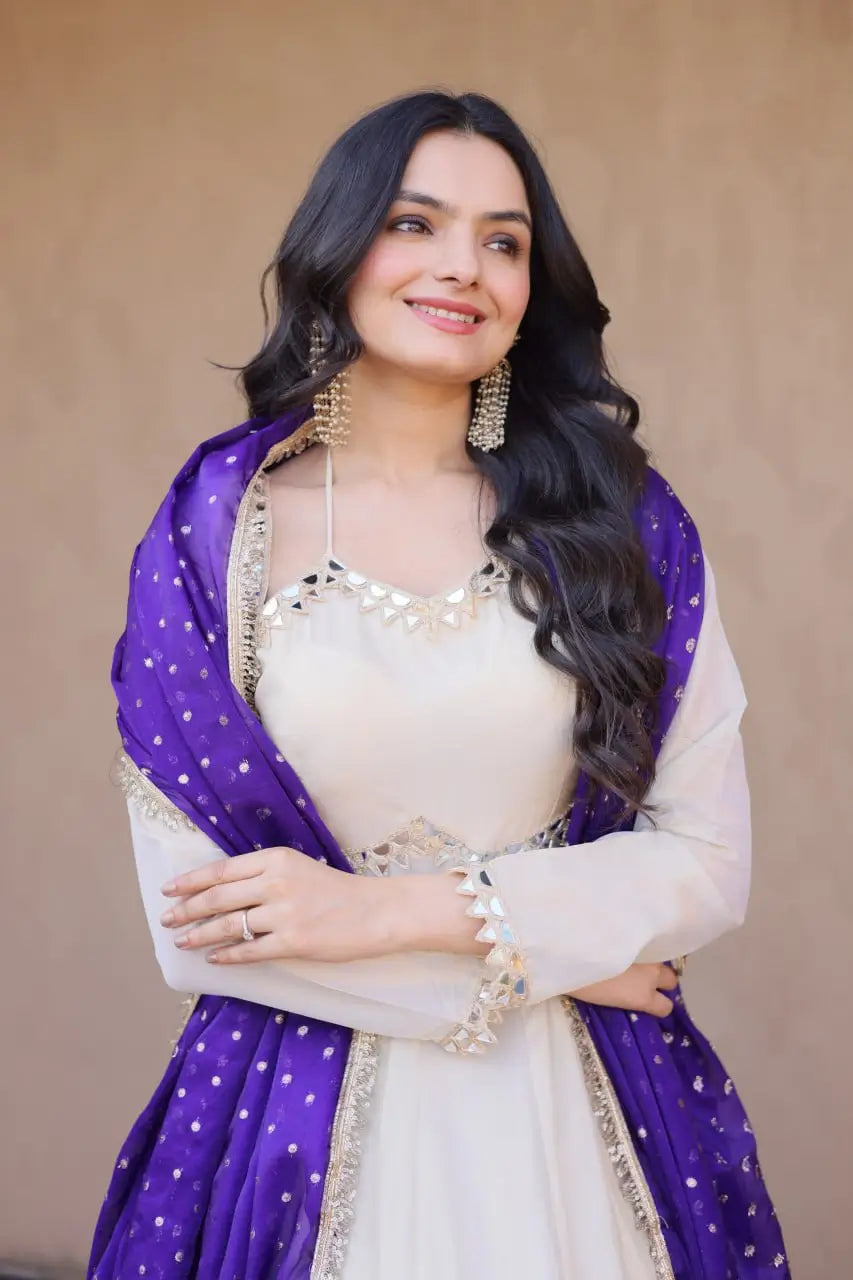 Designer Mirror Work Anarkali with Contrast Dupatta for and Wedding Occasions