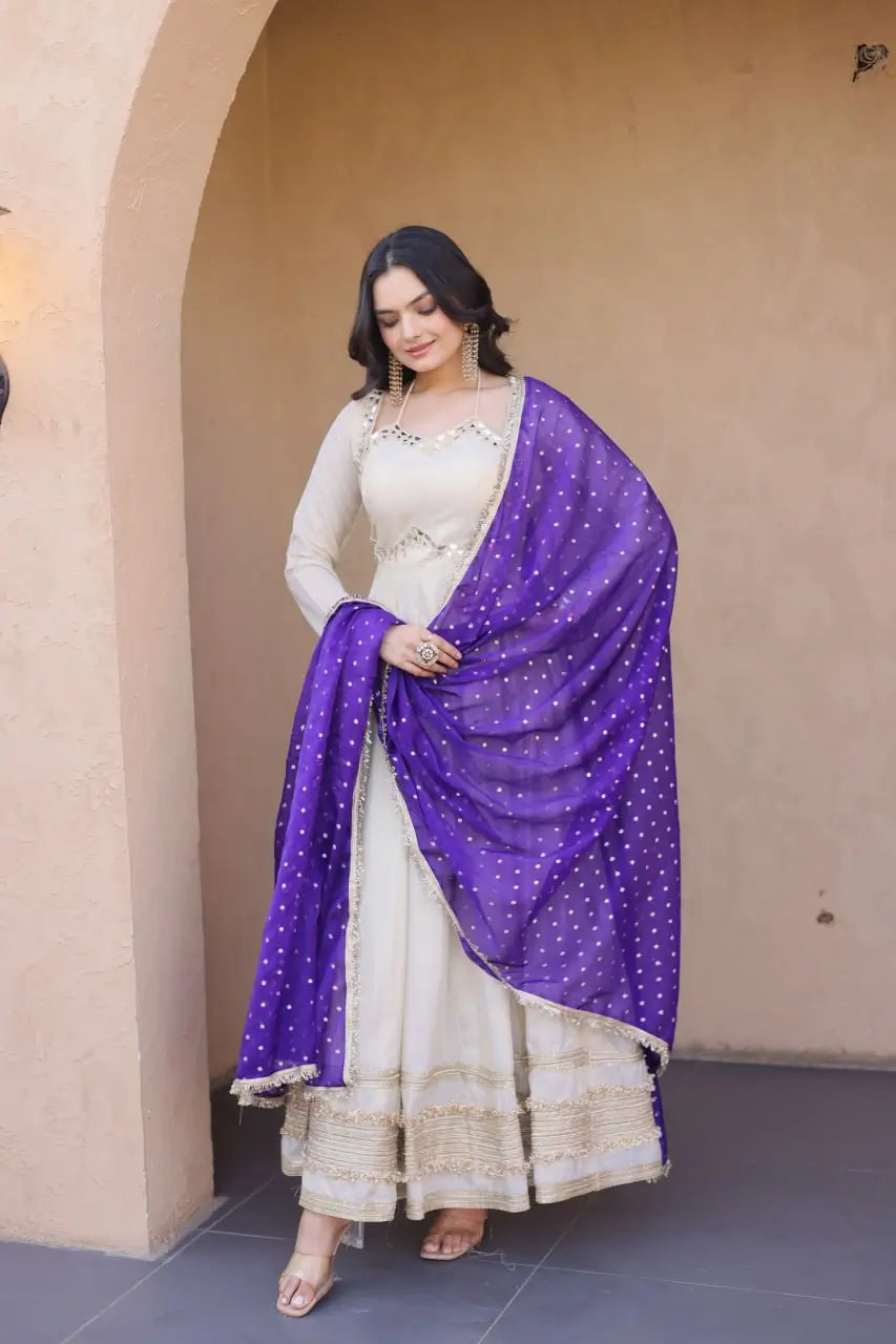 Designer Mirror Work Anarkali with Contrast Dupatta for and Wedding Occasions