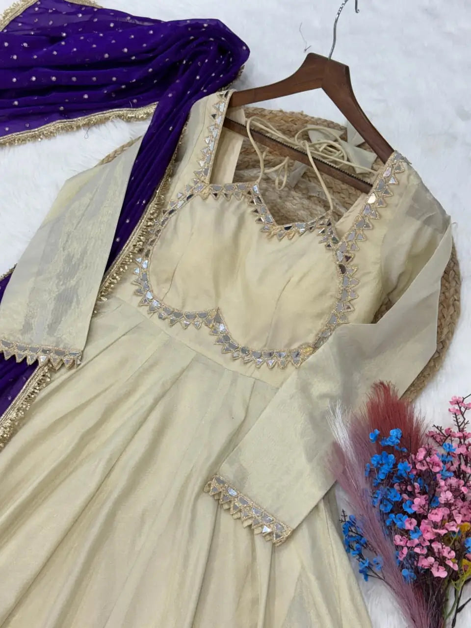 Designer Mirror Work Anarkali with Contrast Dupatta for and Wedding Occasions