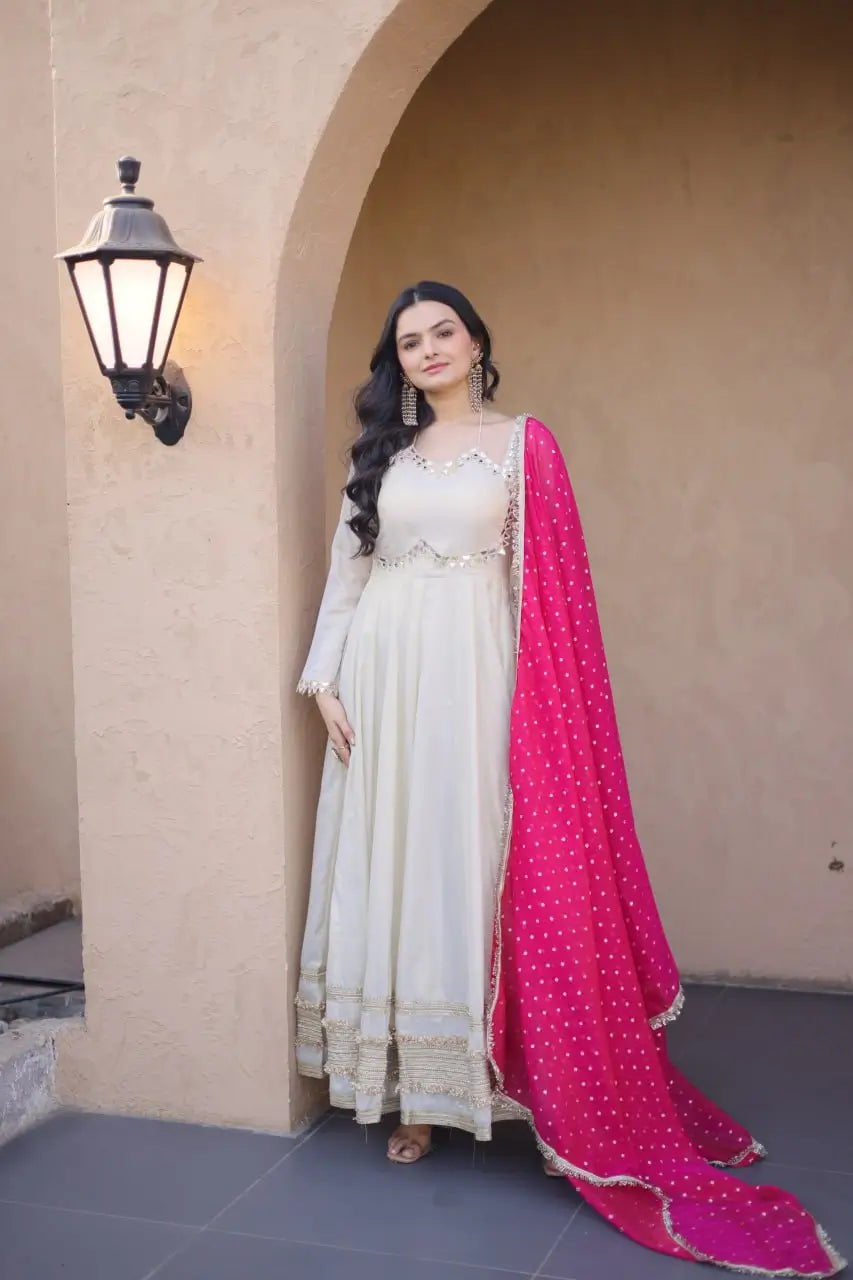 Designer Mirror Work Anarkali with Contrast Dupatta for and Wedding Occasions