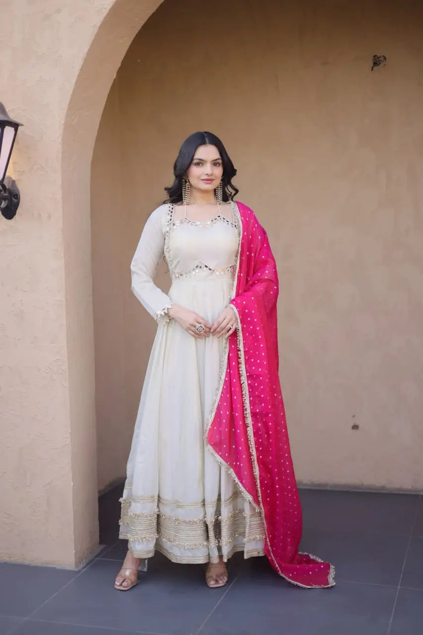 Designer Mirror Work Anarkali with Contrast Dupatta for and Wedding Occasions