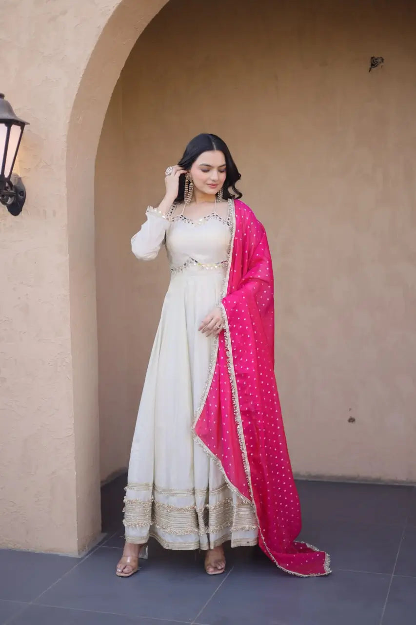 Designer Mirror Work Anarkali with Contrast Dupatta for and Wedding Occasions