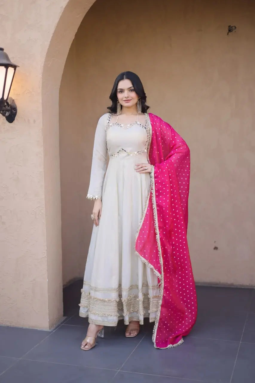 Designer Mirror Work Anarkali with Contrast Dupatta for and Wedding Occasions