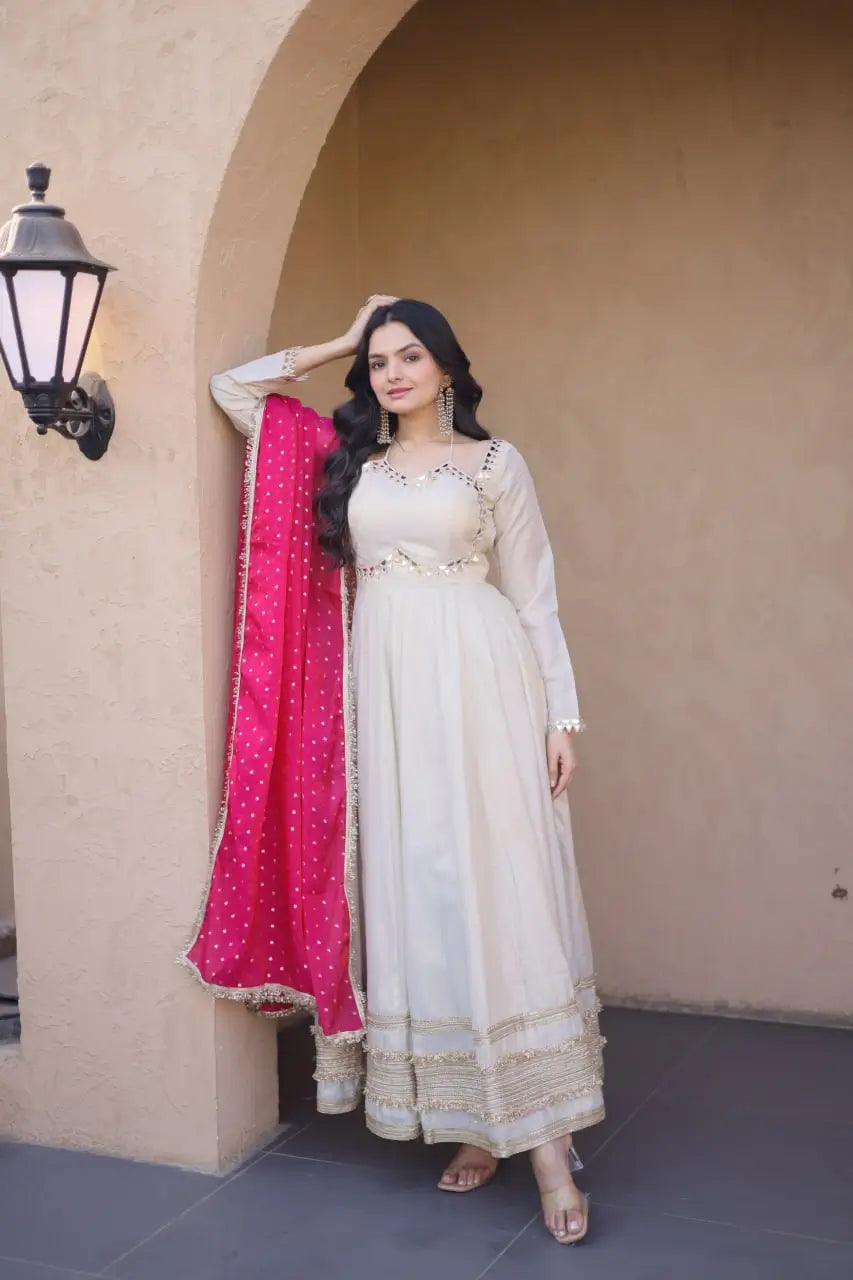 Designer Mirror Work Anarkali with Contrast Dupatta for and Wedding Occasions