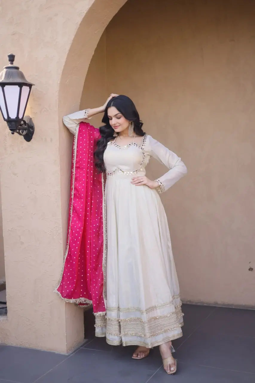 Designer Mirror Work Anarkali with Contrast Dupatta for and Wedding Occasions