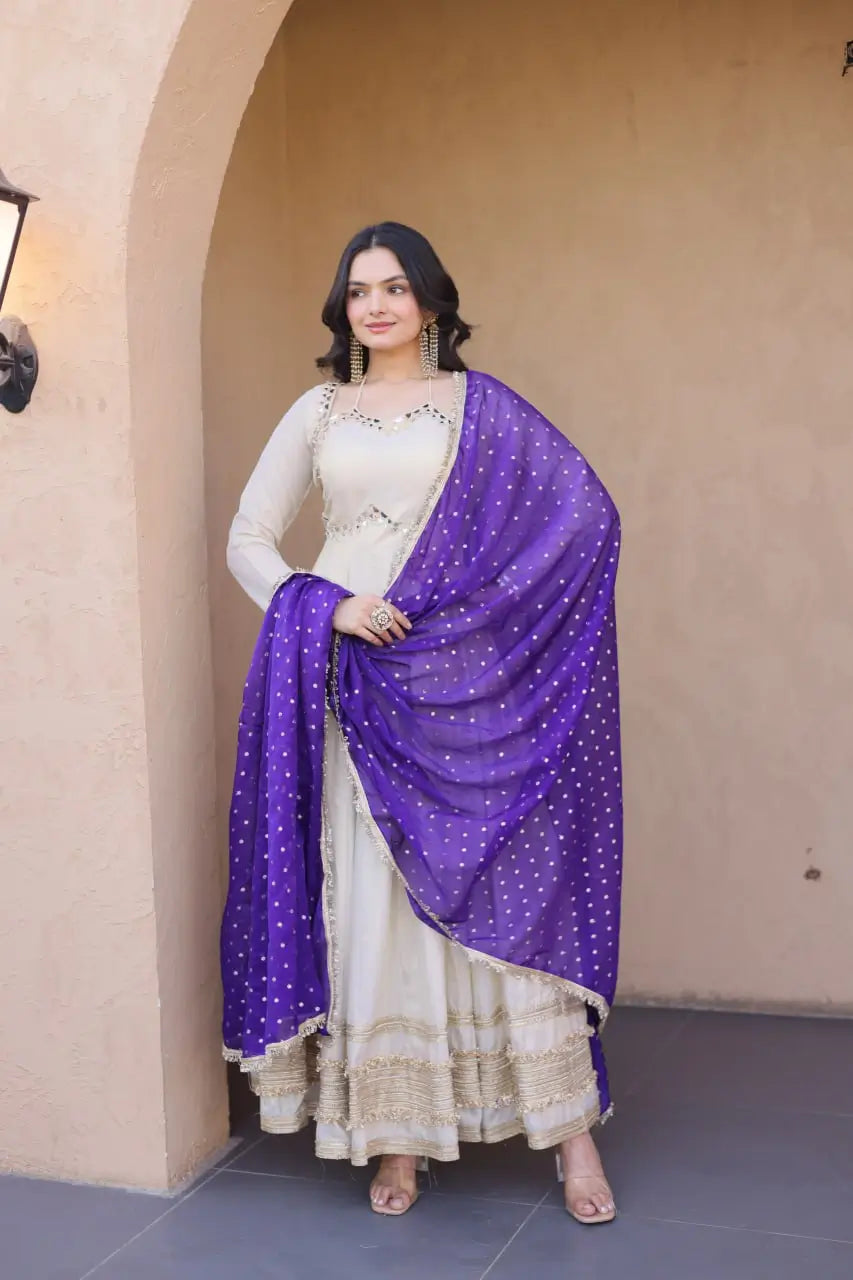 Designer Mirror Work Anarkali with Contrast Dupatta for and Wedding Occasions