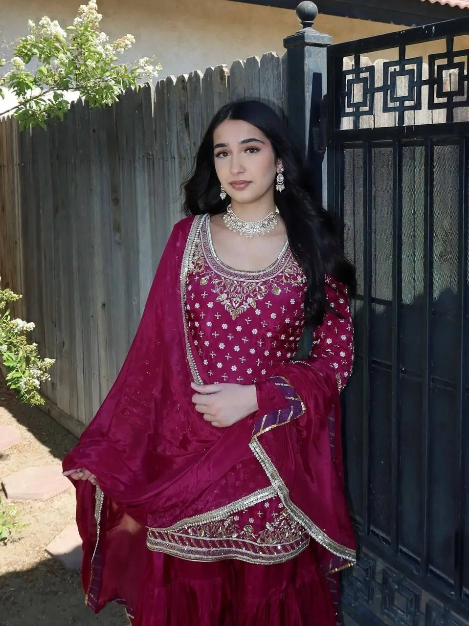 Designer Natural Crepe Embroidered Sharara Set with Dupatta | Fully Stitched