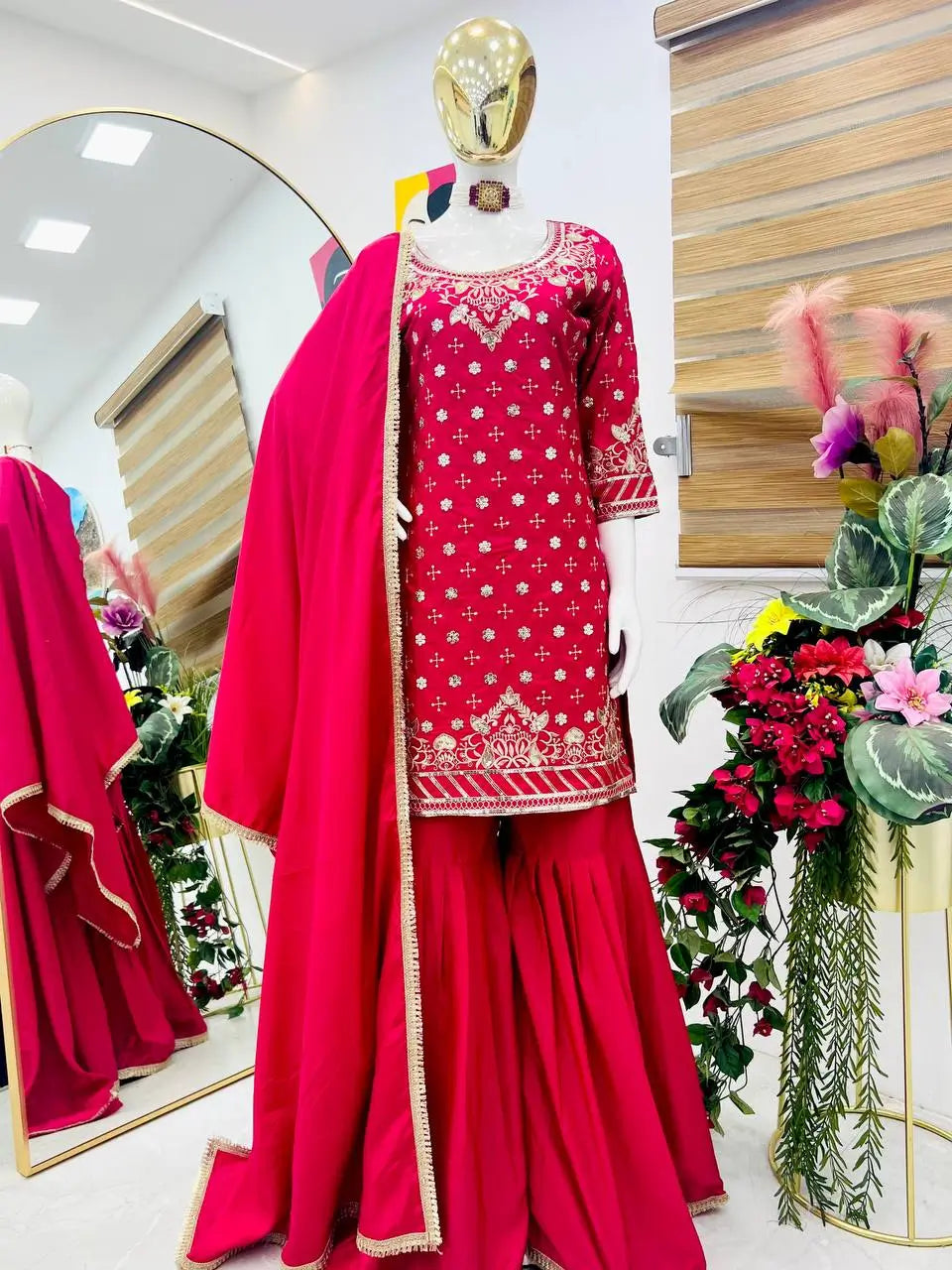 Designer Natural Crepe Embroidered Sharara Set with Dupatta | Fully Stitched
