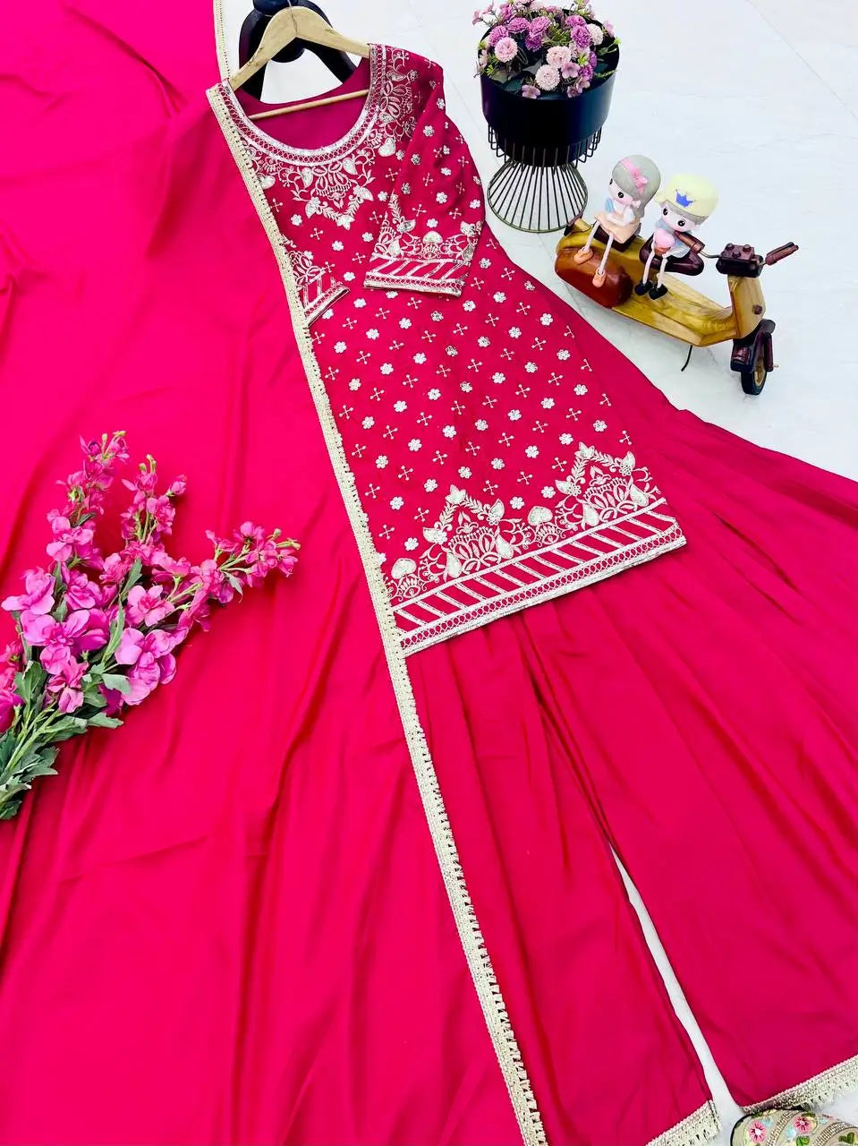 Designer Natural Crepe Embroidered Sharara Set with Dupatta | Fully Stitched