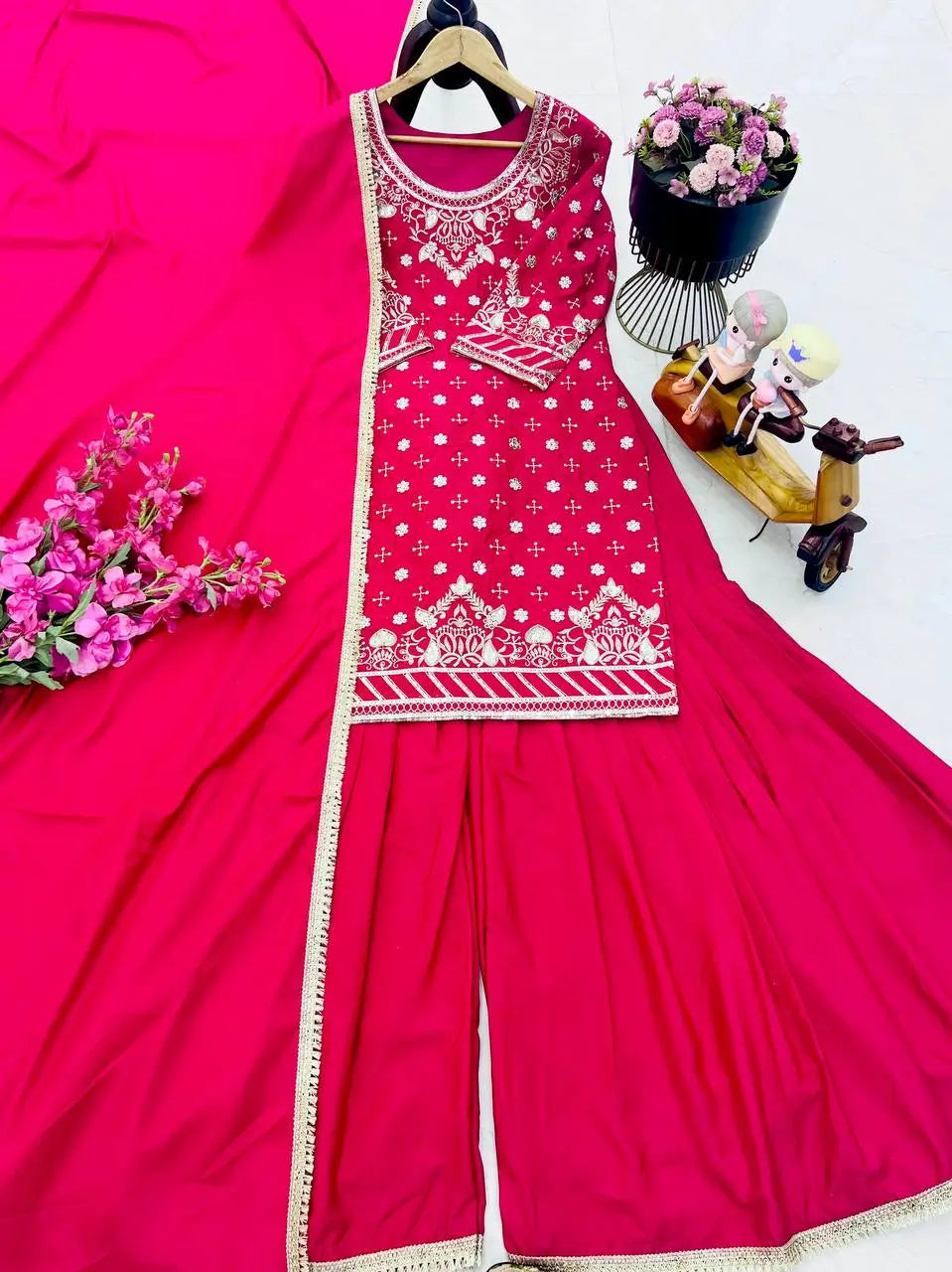 Designer Natural Crepe Embroidered Sharara Set with Dupatta | Fully Stitched