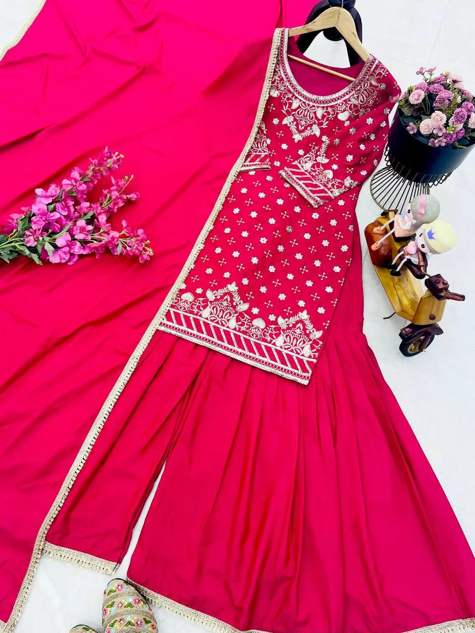 Designer Natural Crepe Embroidered Sharara Set with Dupatta | Fully Stitched