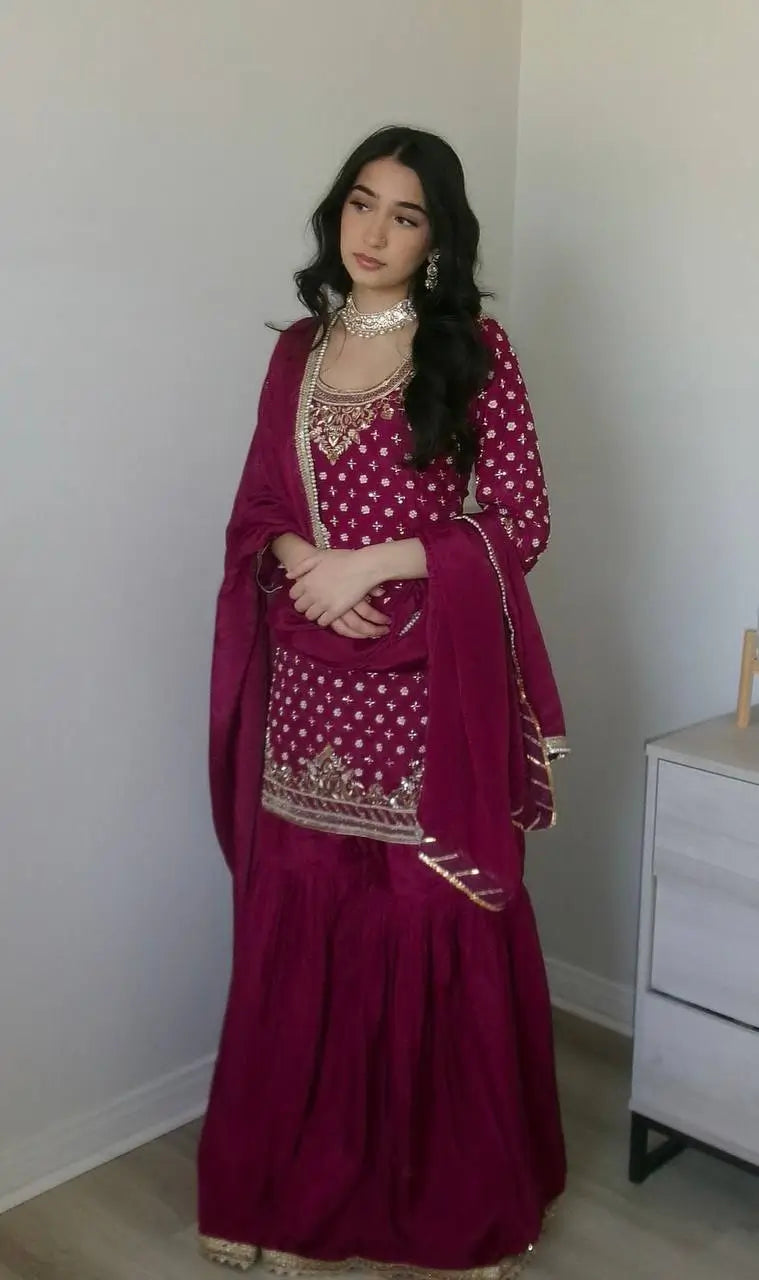 Designer Natural Crepe Embroidered Sharara Set with Dupatta | Fully Stitched