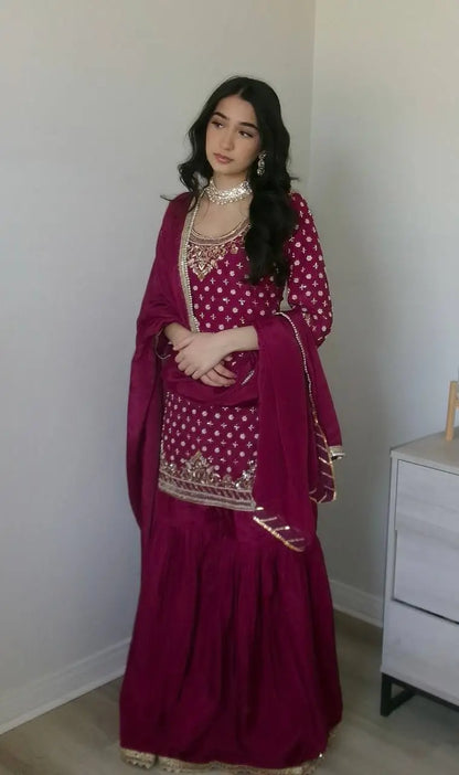 Designer Natural Crepe Embroidered Sharara Set with Dupatta | Fully Stitched