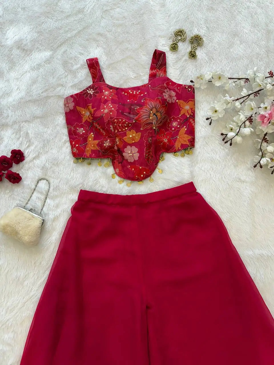 Designer Organza Crop Top with Georgette Plazo Set