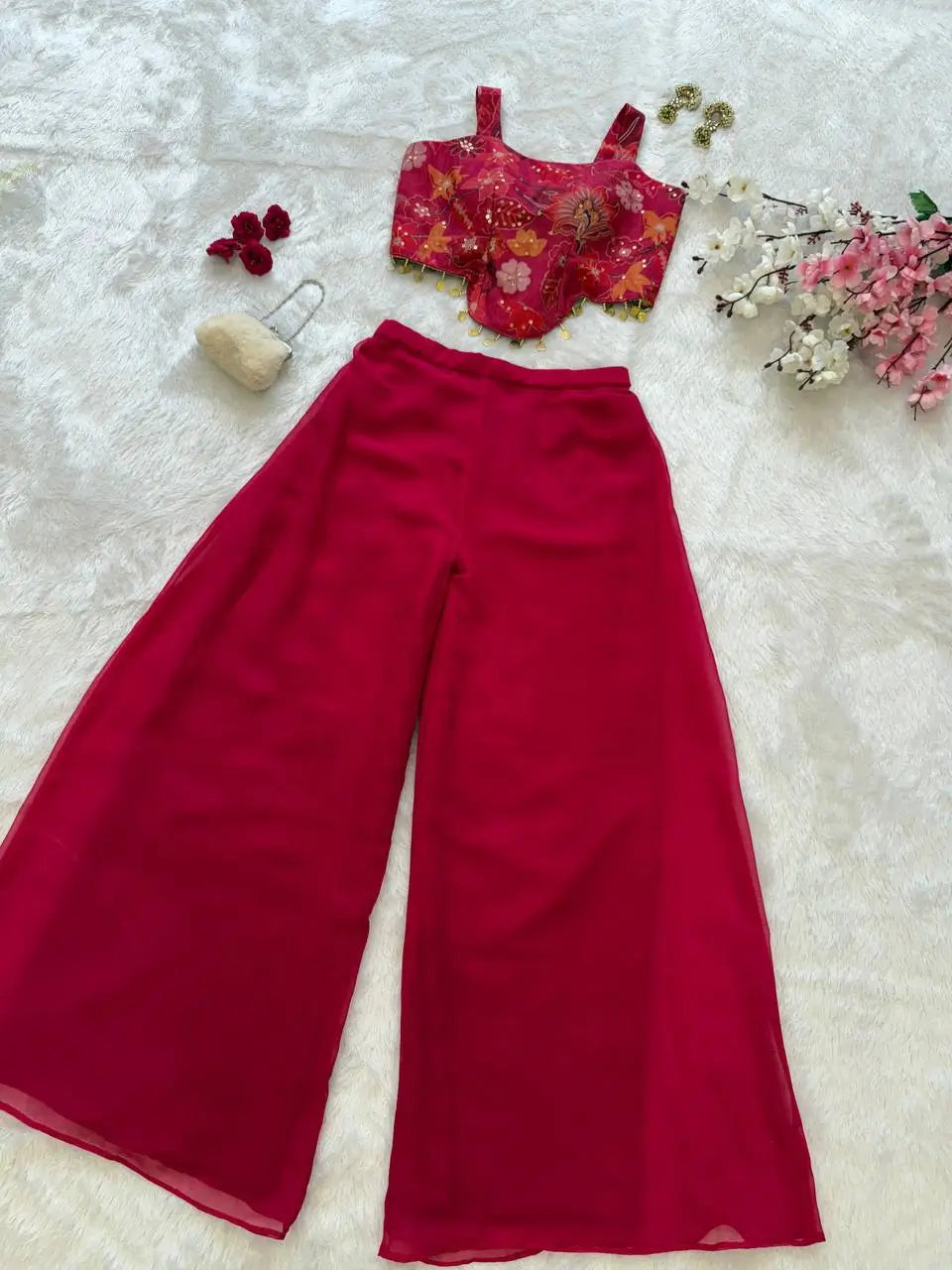 Designer Organza Crop Top with Georgette Plazo Set