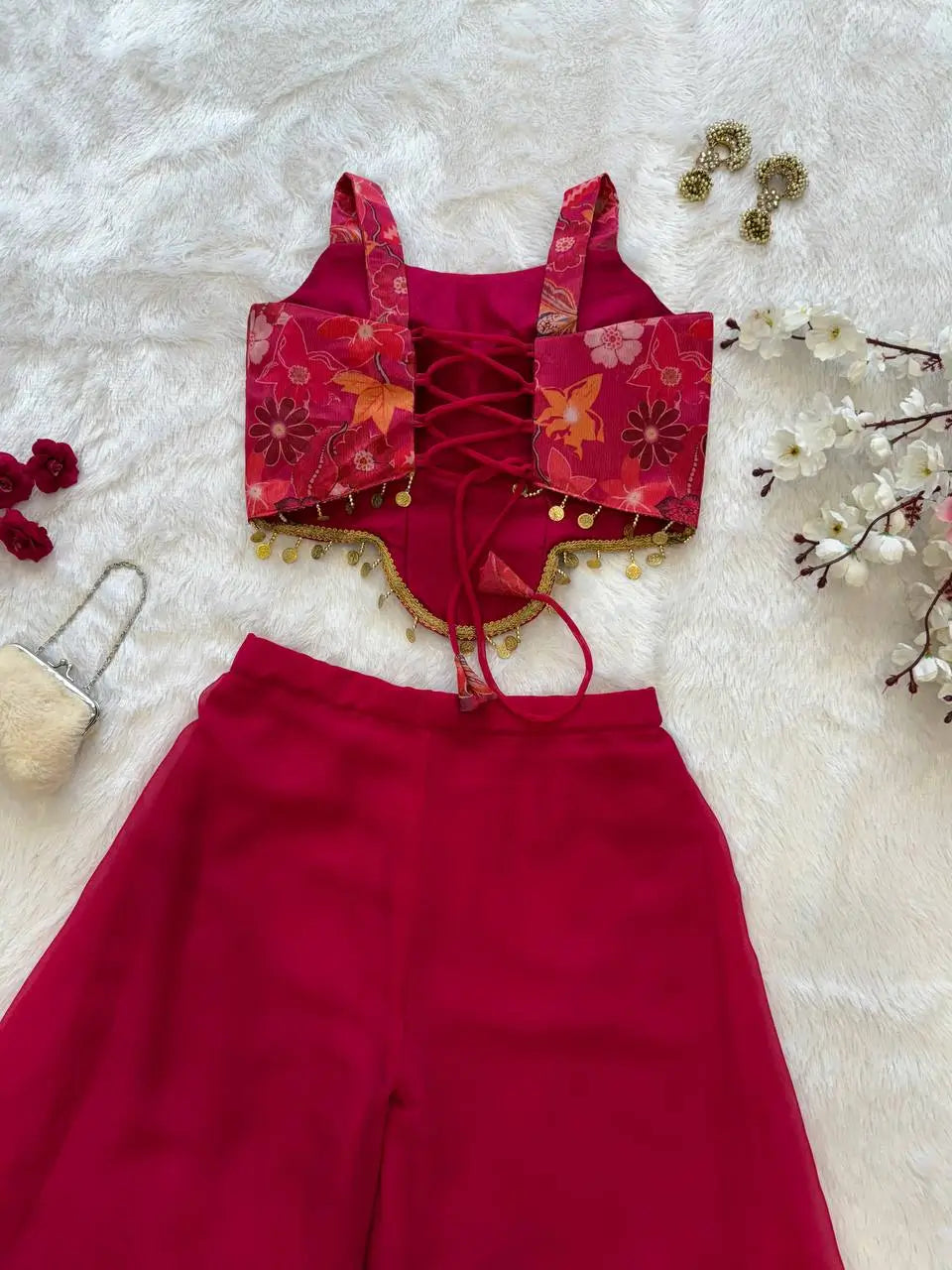 Designer Organza Crop Top with Georgette Plazo Set