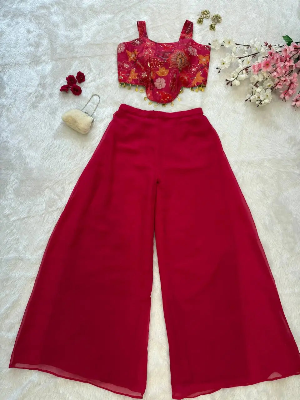 Designer Organza Crop Top with Georgette Plazo Set