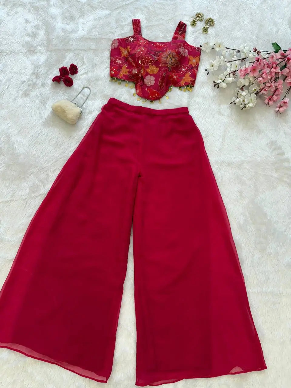 Designer Organza Crop Top with Georgette Plazo Set