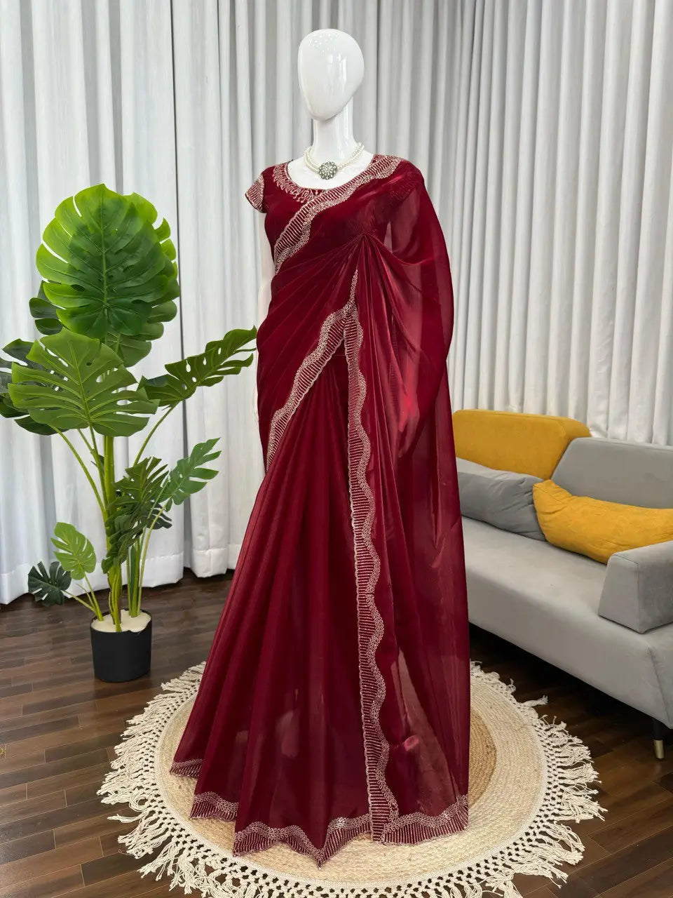 Designer Organza & Jimmy Chu Saree with Intricate Hot Fix Work | Soft Silk Saree with Unstitched Blouse