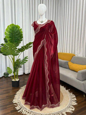 Designer Organza & Jimmy Chu Saree with Intricate Hot Fix Work | Soft Silk Saree with Unstitched Blouse