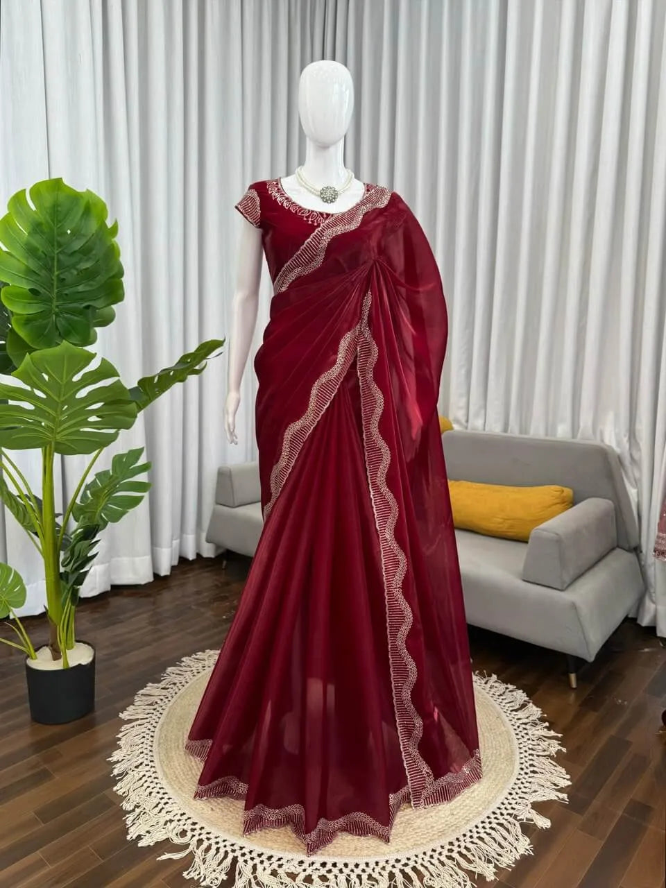 Designer Organza & Jimmy Chu Saree with Intricate Hot Fix Work | Soft Silk Saree with Unstitched Blouse