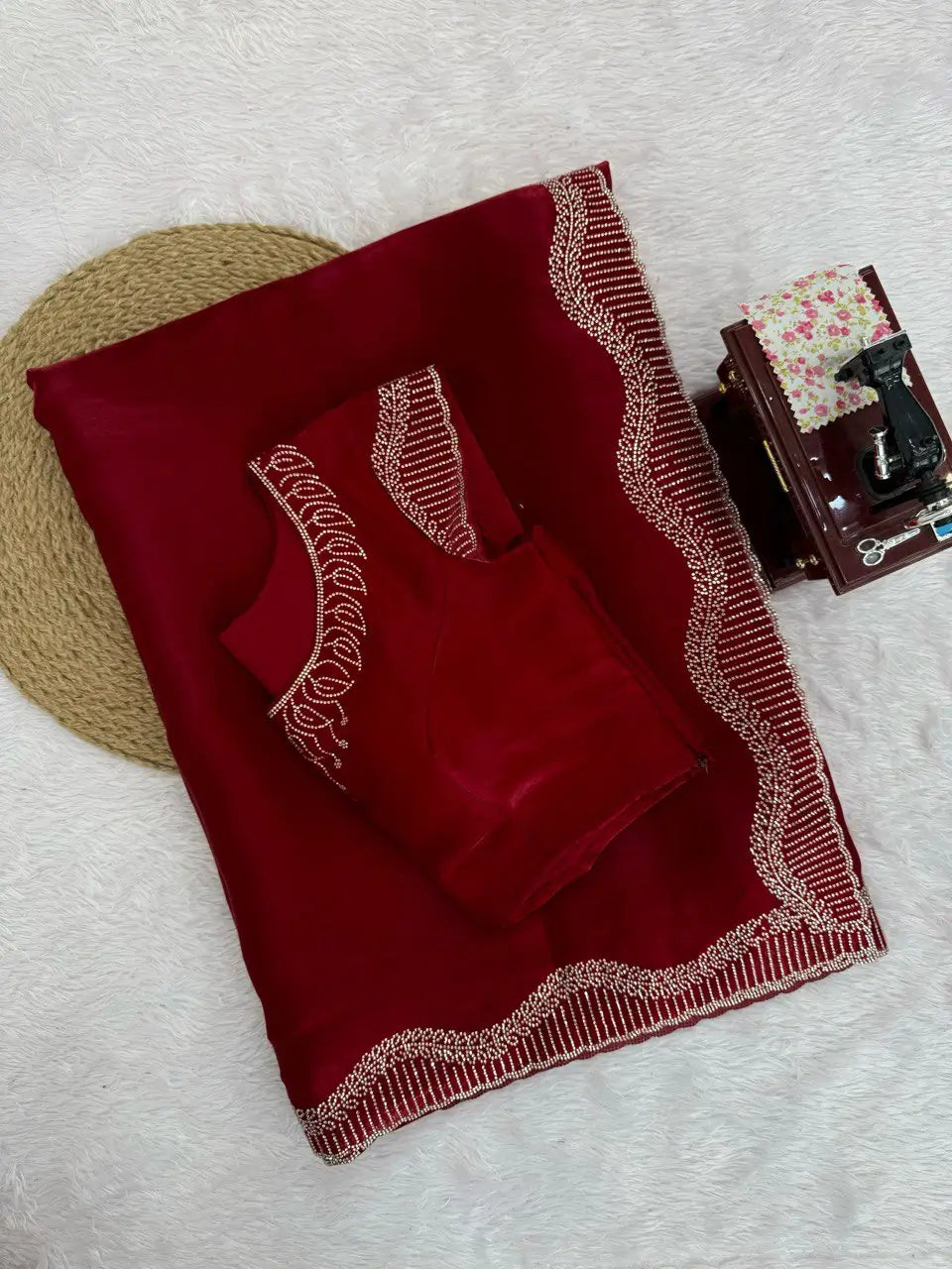 Designer Organza & Jimmy Chu Saree with Intricate Hot Fix Work | Soft Silk Saree with Unstitched Blouse