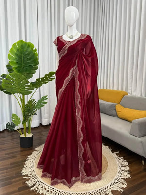 Designer Organza & Jimmy Chu Saree with Intricate Hot Fix Work | Soft Silk Saree with Unstitched Blouse