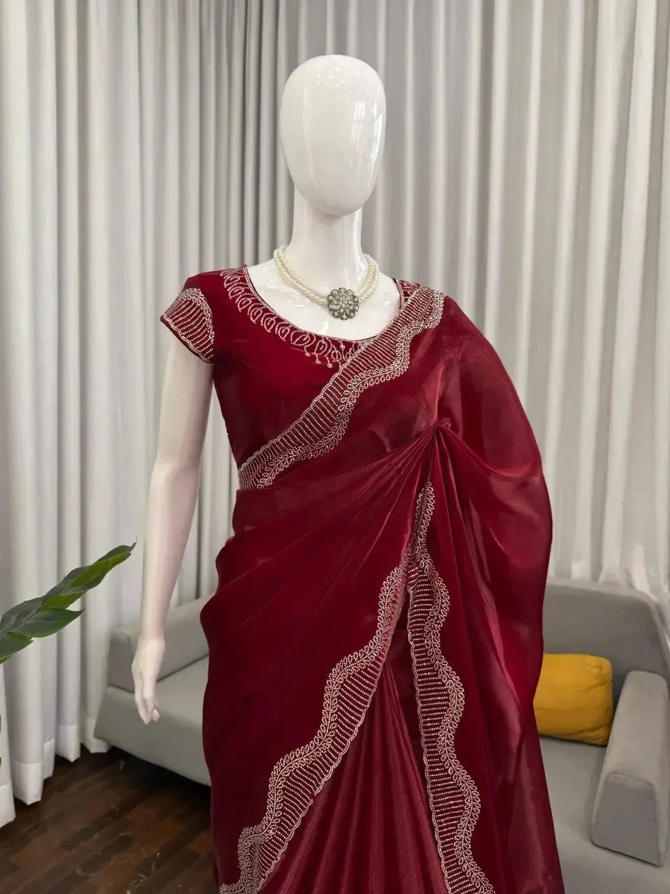 Designer Organza Saree with Intricate Hot Fix Work | Soft Silk Saree with Unstitched Blouse
