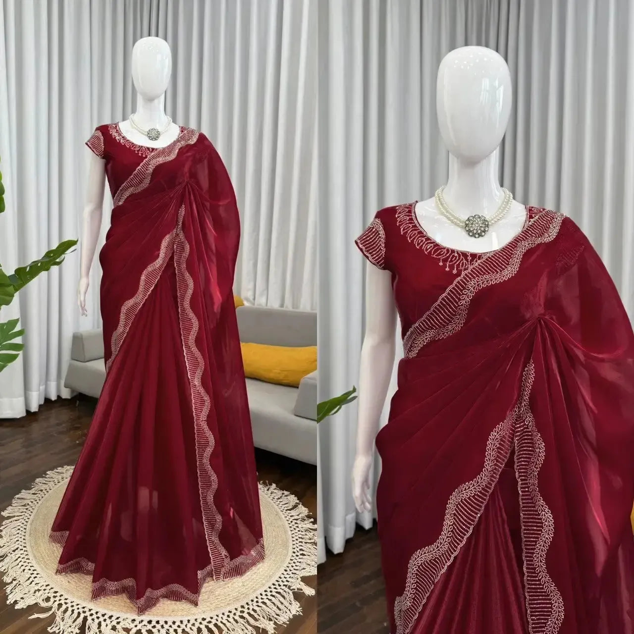 Designer Organza Saree with Intricate Hot Fix Work | Soft Silk Saree with Unstitched Blouse