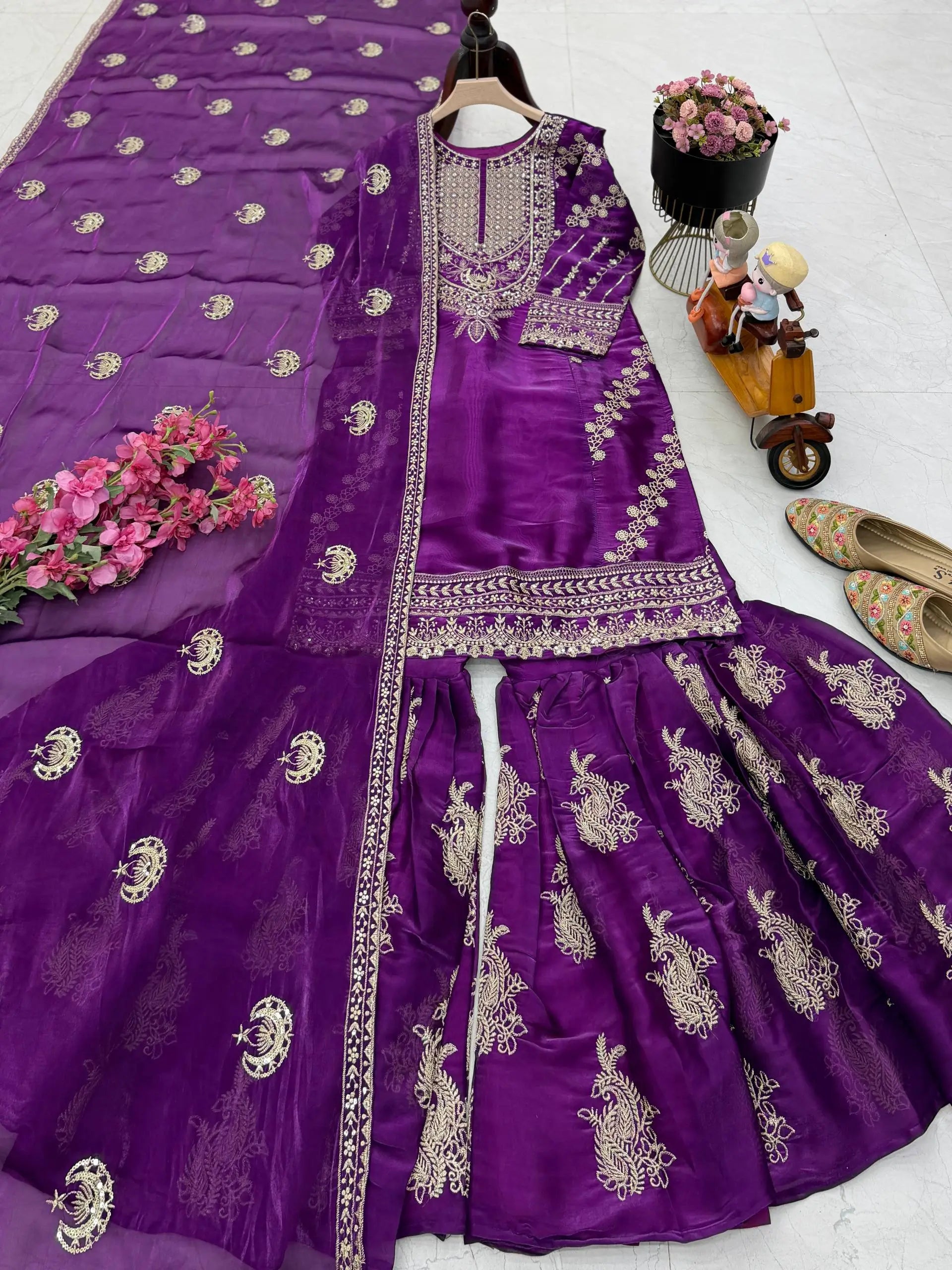 Designer Organza Silk Palazzo Suit Set for Wedding and Festive Wear