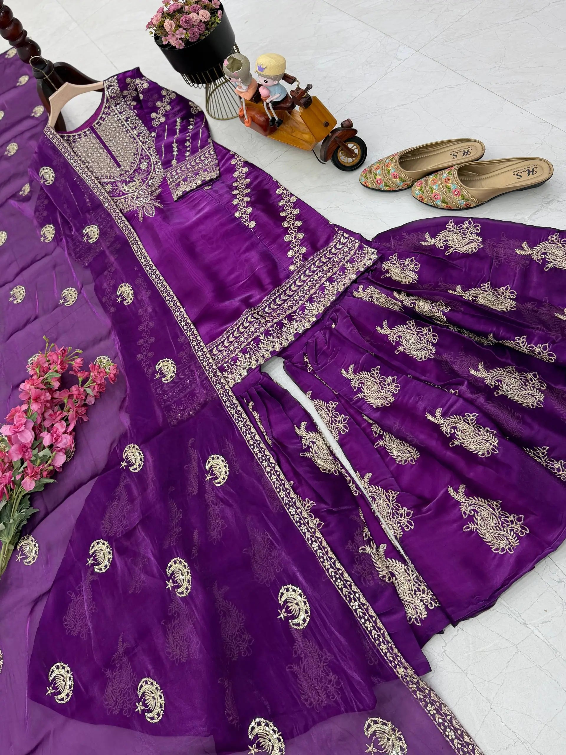 Designer Organza Silk Palazzo Suit Set for Wedding and Festive Wear