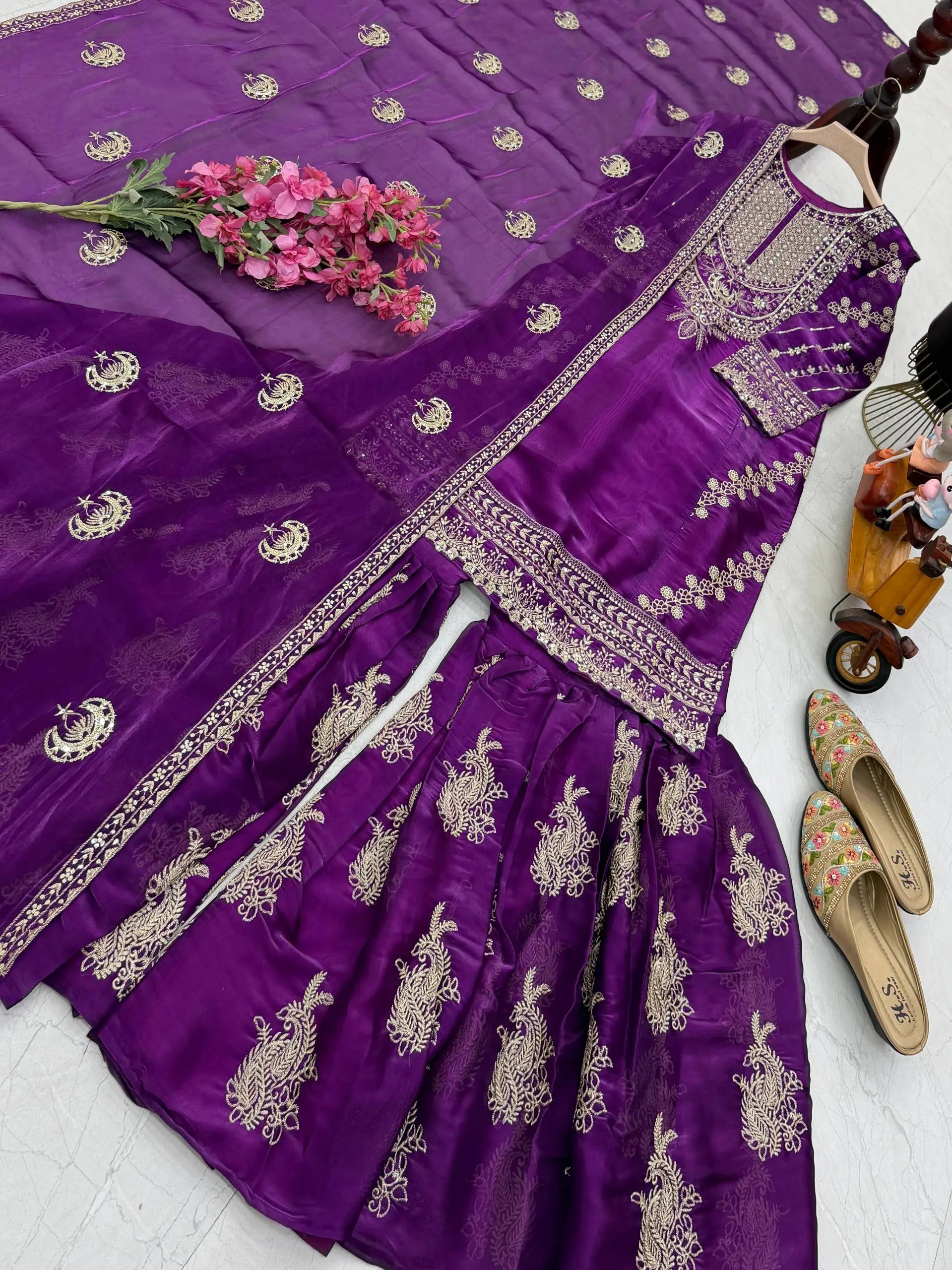 Designer Organza Silk Palazzo Suit Set for Wedding and Festive Wear