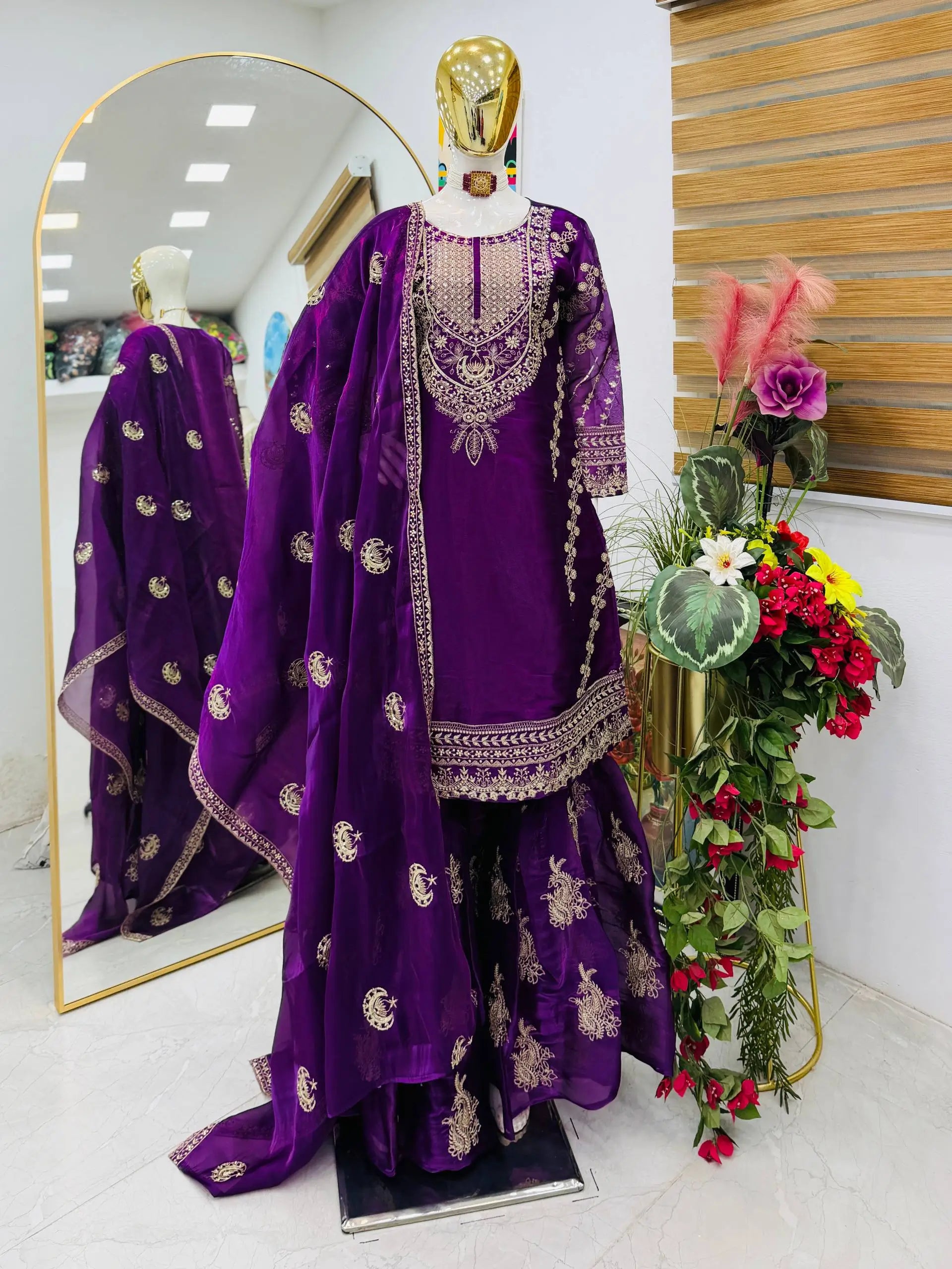 Designer Organza Silk Palazzo Suit Set for Wedding and Festive Wear