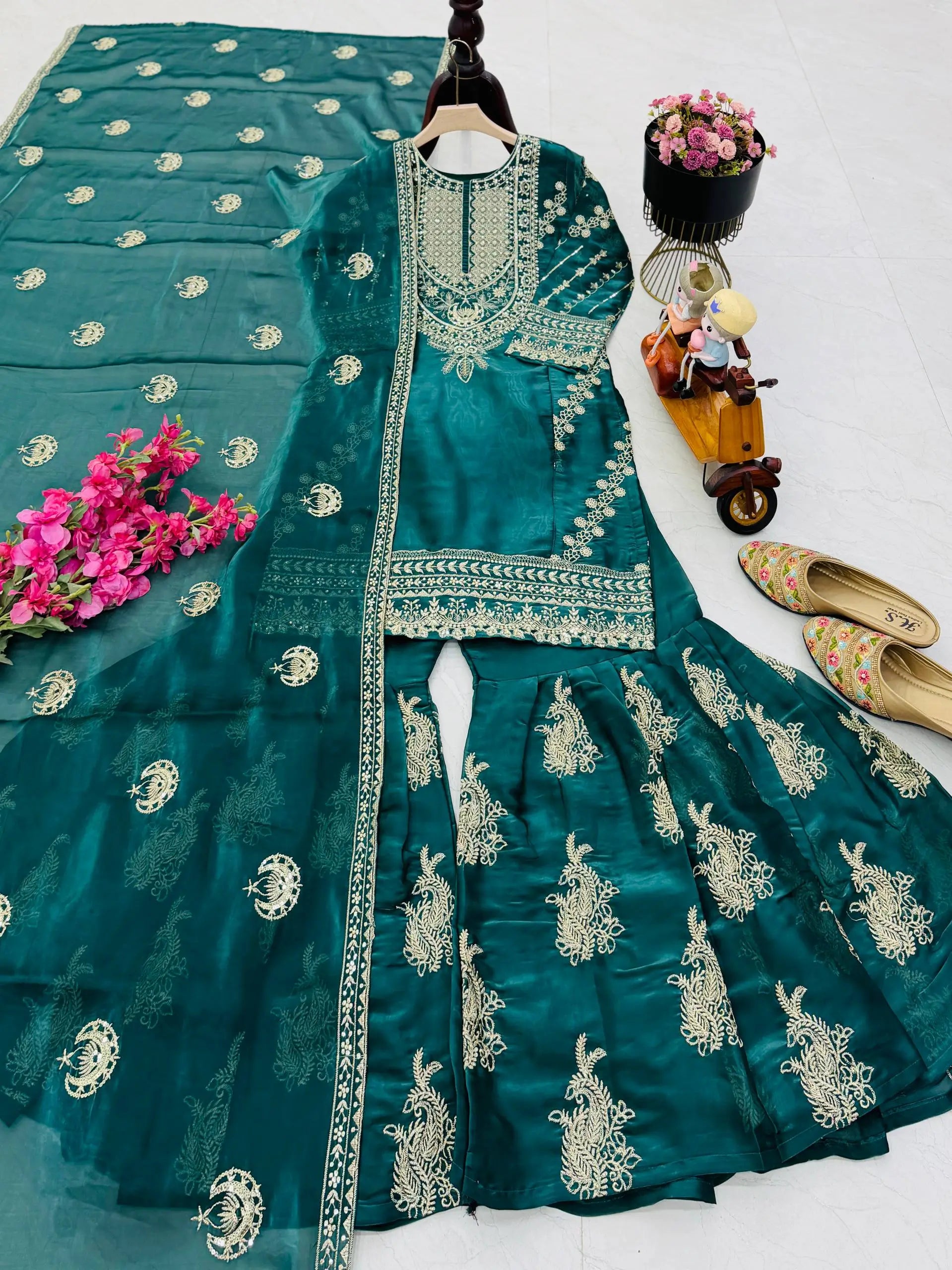 Designer Organza Silk Palazzo Suit Set for Wedding and Festive Wear