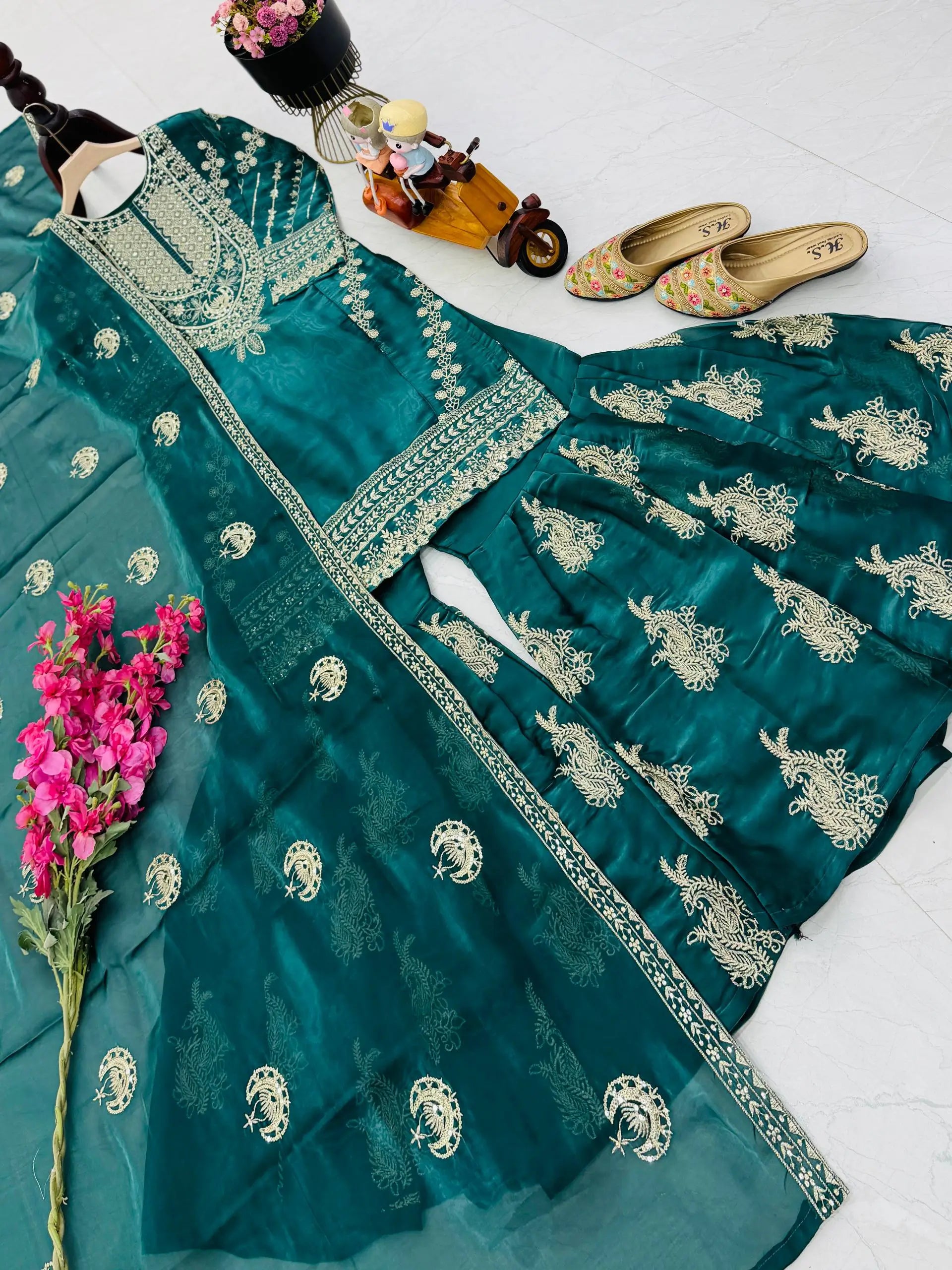 Designer Organza Silk Palazzo Suit Set for Wedding and Festive Wear