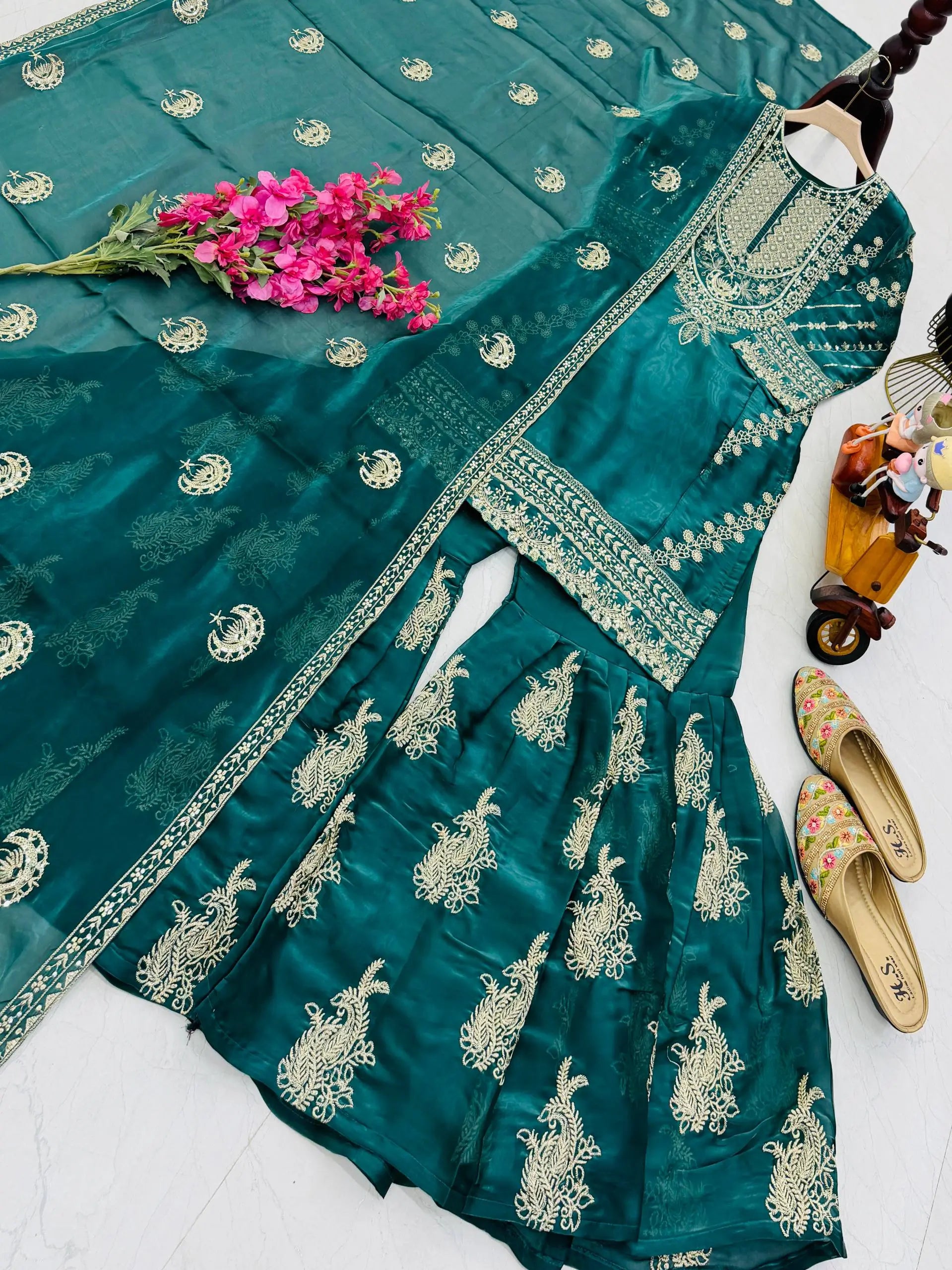 Designer Organza Silk Palazzo Suit Set for Wedding and Festive Wear