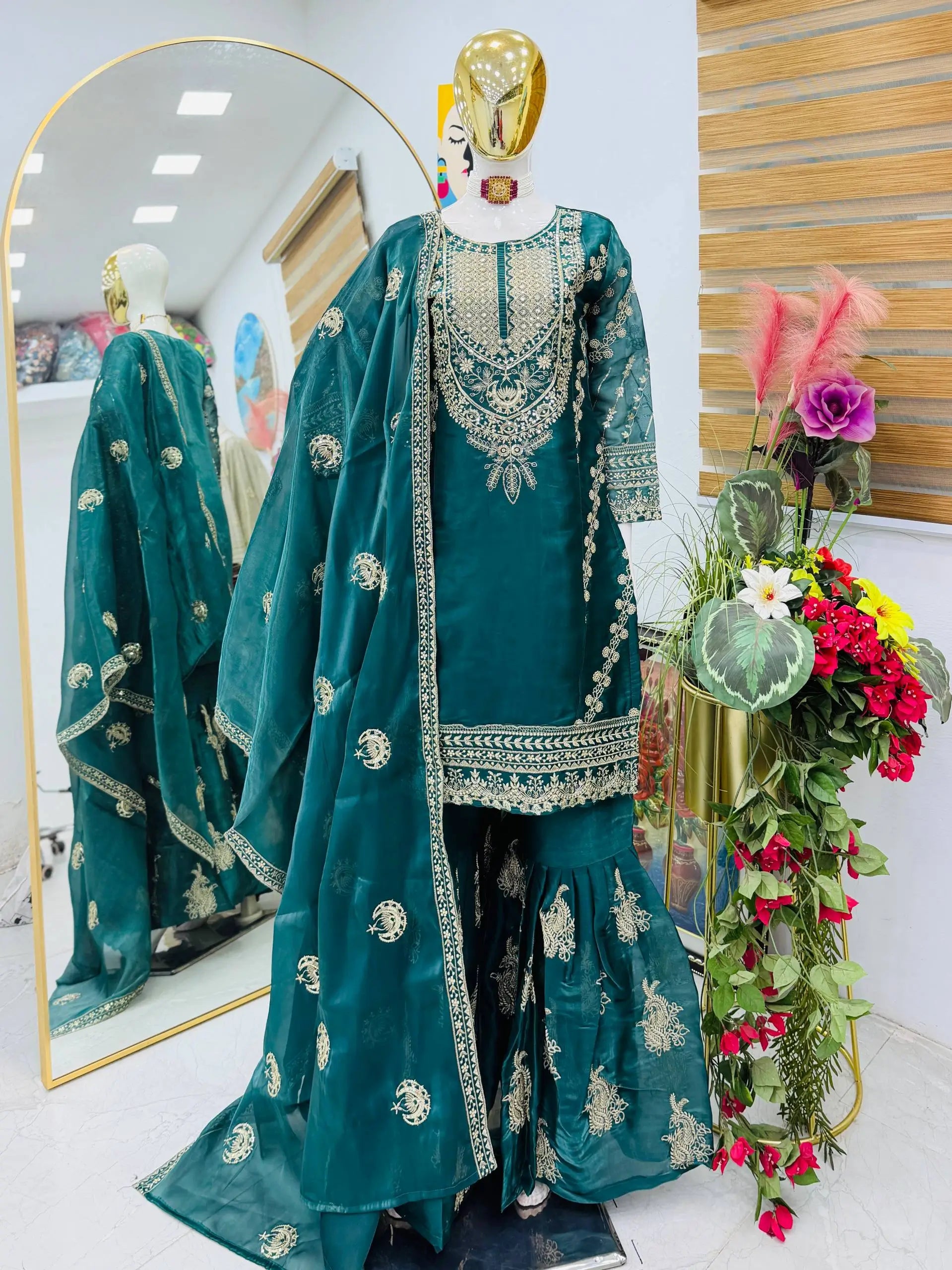 Designer Organza Silk Palazzo Suit Set for Wedding and Festive Wear