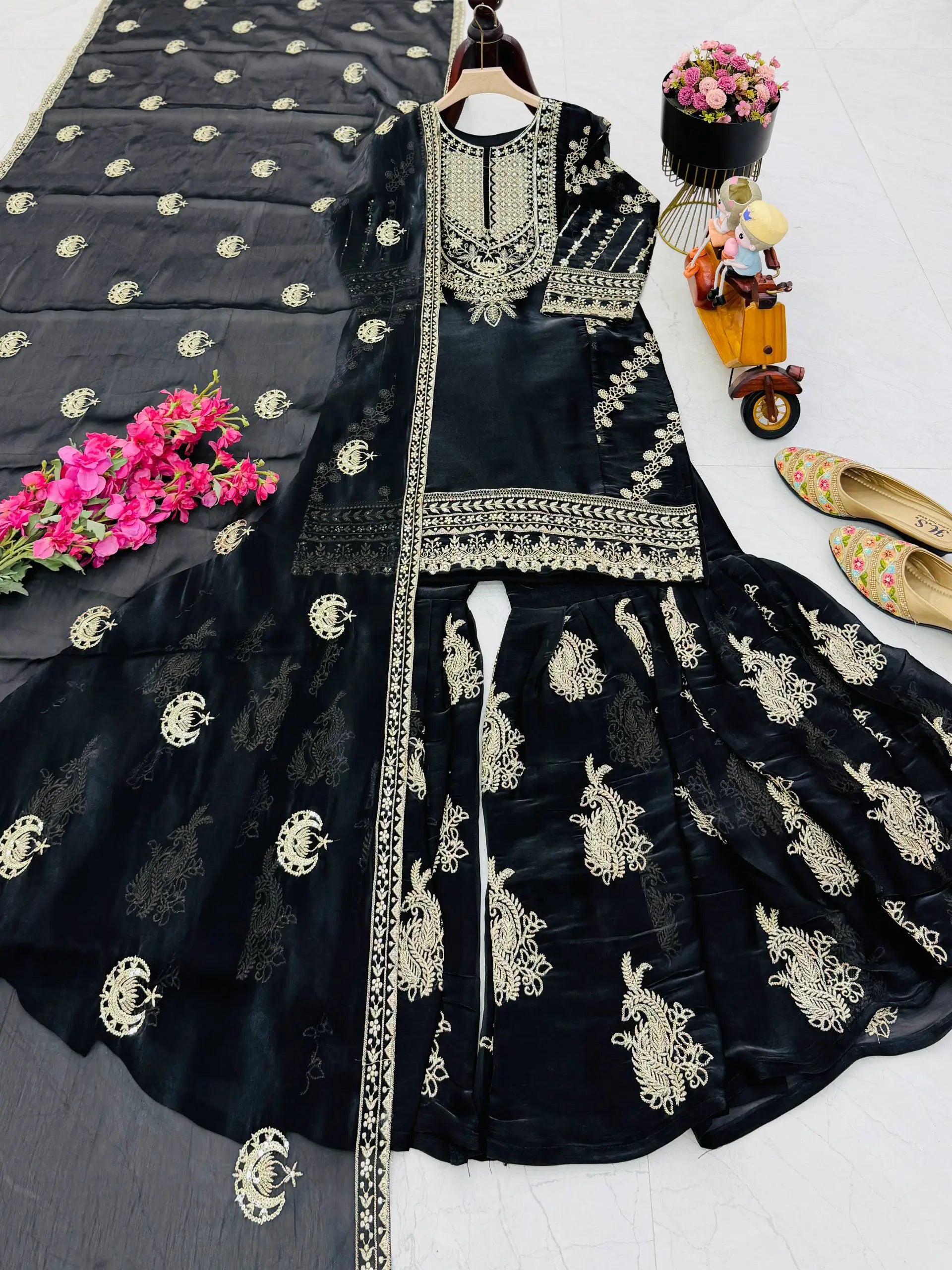 Designer Organza Silk Palazzo Suit Set for Wedding and Festive Wear