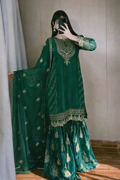 Designer Organza Silk Palazzo Suit Set for Wedding and Festive Wear